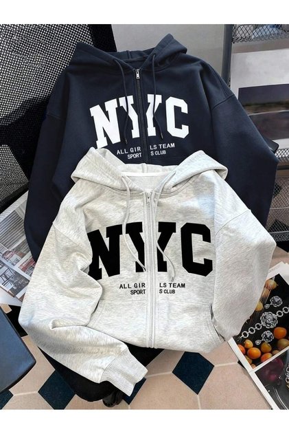Unisex 2-Piece Gray Navy Blue Large Nyc Printed Zippered Sweatshirt Printed Premium Oversize T-Shirt