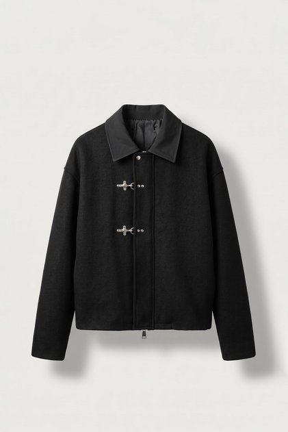 Men's Relax Fit Metal Buckle Contrast Collar Cashmere Jacket Black