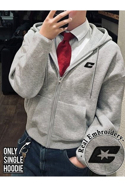 Unisex Gray Minimal Star Printed Zippered Sweatshirt Printed Premium Oversize T-Shirt