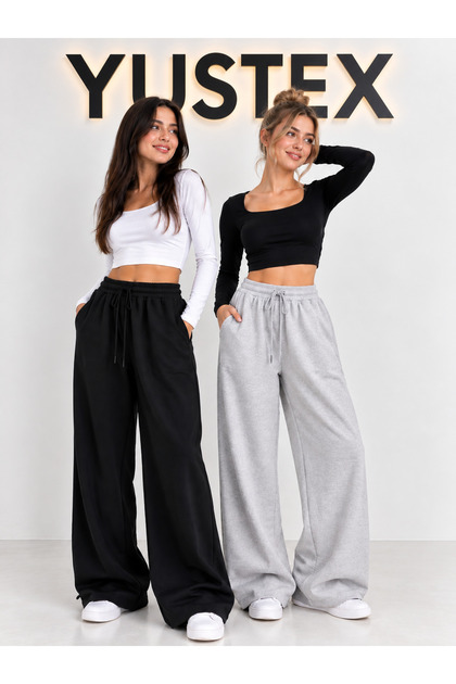 2 Pieces (Black and Gray) Sweatpants Set - Oversized Fit with Side Pockets, Wide Legs with Tie-Up Laces