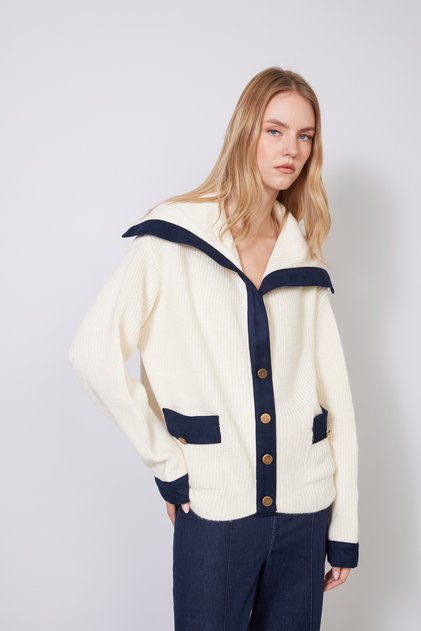Sailor Collar Metal Button Pocket Fabric Detail Tricot Cardigan