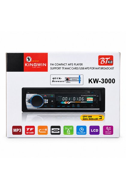 KW-3000 Bluetooth USB SD Kart FM MP3 Oto Teyp LCD Ekran Çift USB Şarj