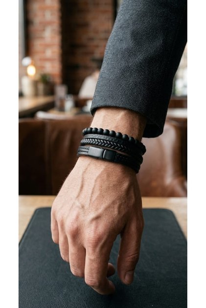 Black Braided Leather Bracelet - Antiallergic Men's Bracelet