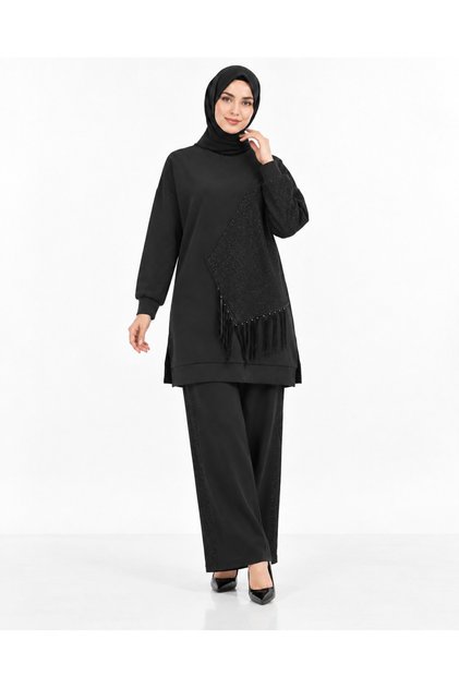 Modal Fabric Sequin Detailed Double Suit with Side Pockets and Elastic Waist