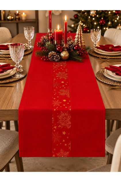 Red Gold Christmas Runner with Snowflake Pattern New Year Table Decoration