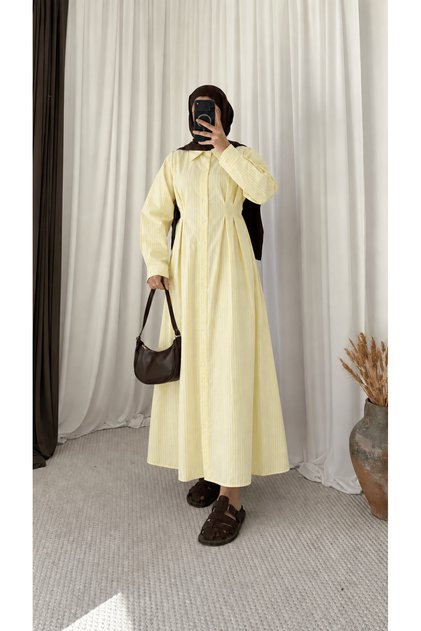 Striped Dress with Front Pleated Detail - Yellow