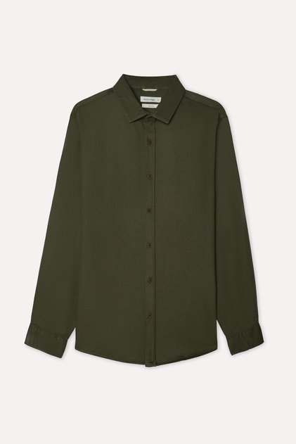 Men's Khaki Lyocell Blend Regular Fit Long Sleeve Shirt