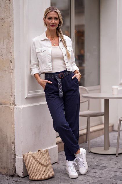 Navy Blue Pocketed Belted Elastic Waist Straight Leg Casual Lycra Woven Trousers 100 60