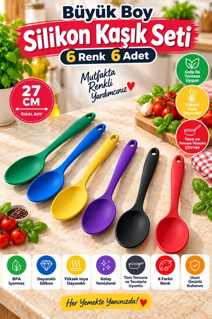 Set of 6 Green Blue Yellow Purple Black Red, Large Size Silicone Spoon Set 27 Cm, Kitchen Serving Spoon