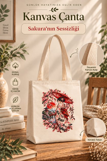 Kanvas Bez Çanta | Sanat Serisi | Sakura'nın Sessizliği | Japon Tarzı Baskılı Tote Çanta