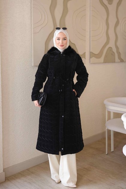 Black Belted Collar Fur Quilted Long Coat