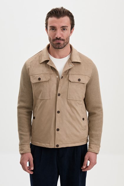 Slim Fit Shirt Collar Knitwear Suede Snap Fastener Men's Coat Beige - 39680.26K