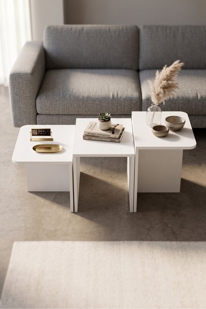 Orta Sehpa Zigon Sehpa 3'lü Yan Sehpa Modern Salon Sehpası Kare Orta Sehpa Liva 9259 Beyaz
