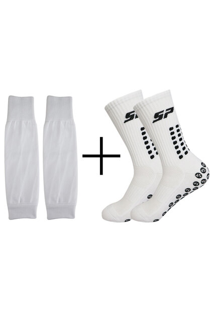 one-size WHITE 2-Piece Set: Non-Slip Grip Soccer & Basketball Socks with Compression Calf Sleeves
