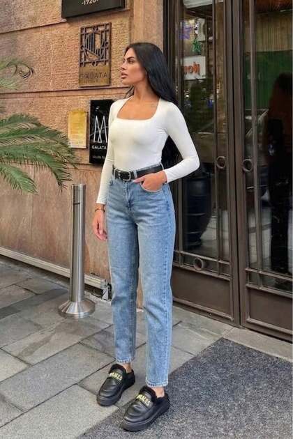 Women's Full Lycra Mom Jean Pants with Belt - Ice Blue