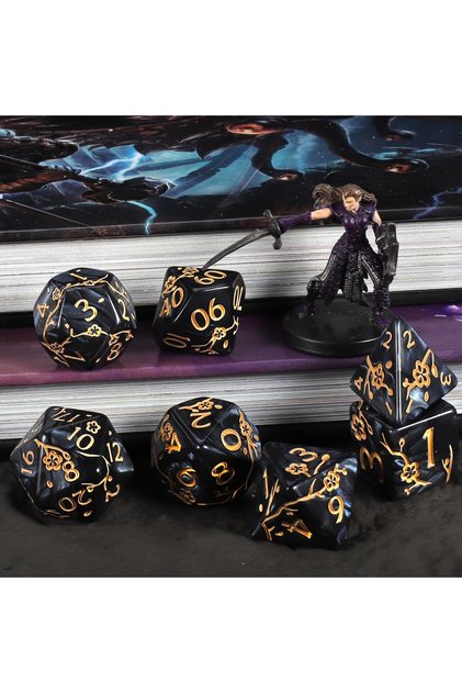 Black golden letter DND Dice Set -7pc Plum Flower Polyhedral Dice for D&D RPG MTG Role Playing Table