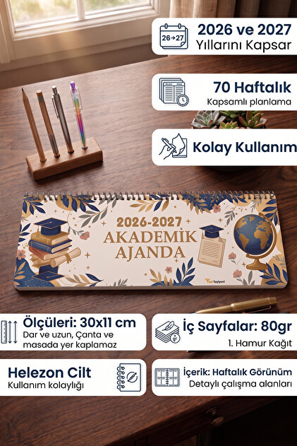 2026-2027 Akademik Ajanda 70 Haftalık Masa Takvimi Tipi Yatay Planlayıcı 30x11 cm Spiral Haftalık Planlayıcı