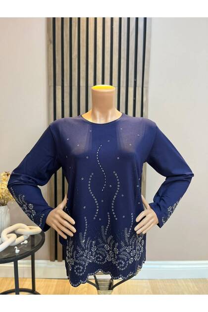 Women's Stylish Winter Blouse with Sparkling Stone Embroidery and Scallop Hem for Middle-Aged and Older Women