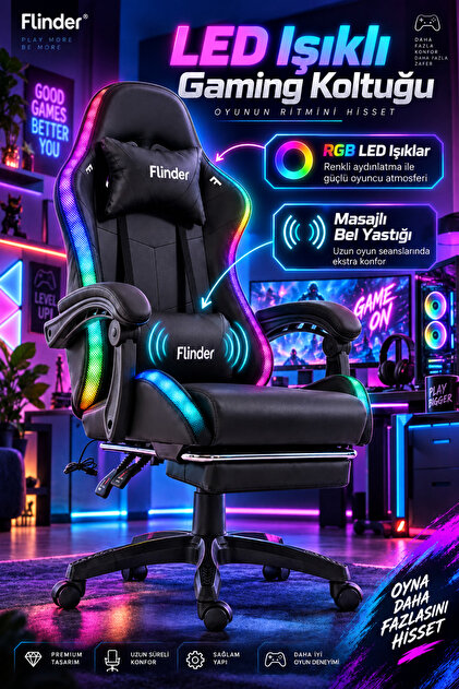Premium Siyah Oyuncu Koltuğu, Masajlı ve Ledli Sandalye, Işıklı, Yüksekliği Ayarlanabilir, Oyuncu Sandalyesi, Ofis Koltuğu, Çalışma Sandalyesi - 150 KG Taşıma Kapasitesi
