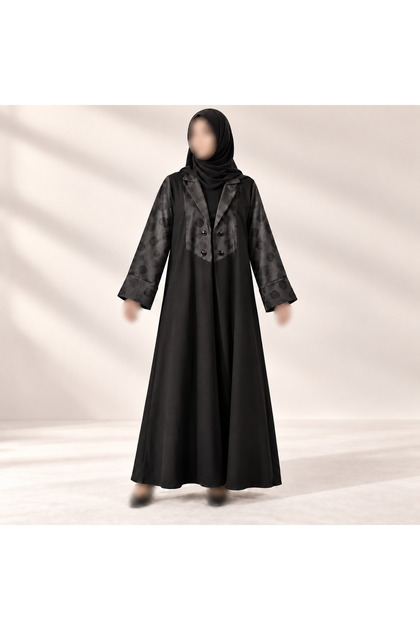 Women’s Black A-Line Abaya with Patterned Collar and Sleeves, Four Decorative Buttons and Matching Hijab