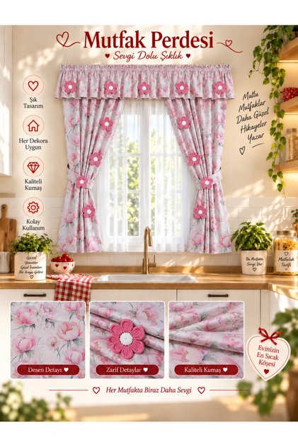 Pembe Çiçek Desenli Örgü Çiçek Detaylı Mutfak Perdesi