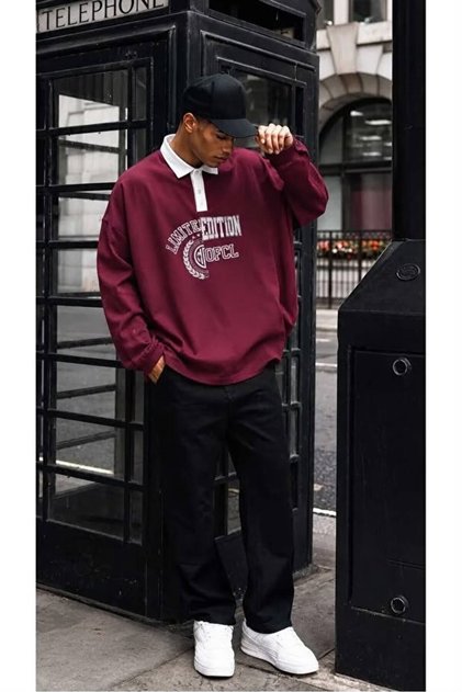 Bordo Oversize Polo Yaka Baskılı Trend Şık Sweatshirt