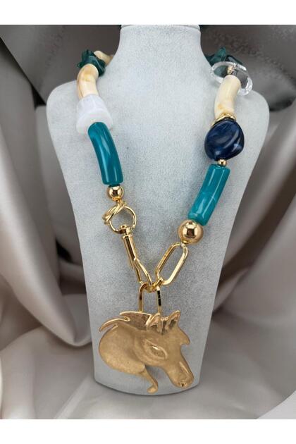 Turquoise Stone Gold Horse Figured Statement Necklace – Colorful Beaded Big End Original Design Women's Necklace