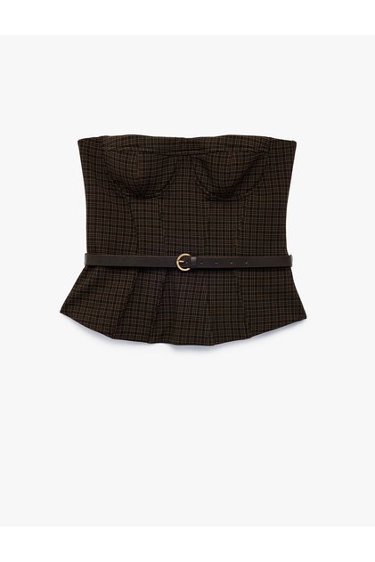 Bustieră ușoară, tip peplum, cu fermoar, cu curea, fără bretele, fără mâneci, în carouri