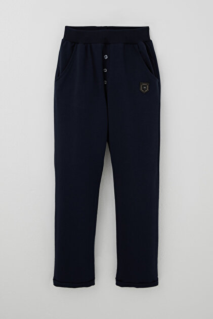 Boy's Sweatpants with Button Accessories and Arma Detail, Ages 4-8, Navy Blue