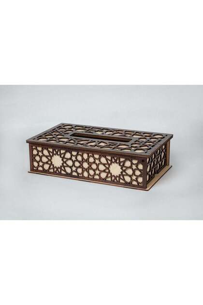 Wooden Deep Brown Tissue Box Cover with Geometric Cutwork Design Facial Tissue Case Holder for Home