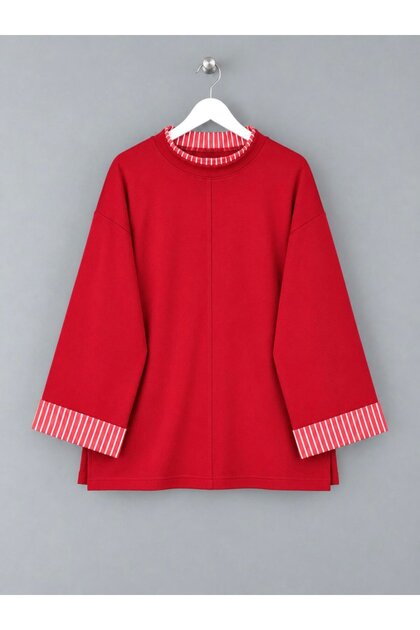 Kadın Çizgili Garnili İki Parça Görünümlü Oversize Sweatshirt - Yırtmaçlı Düşük Omuz Sweat