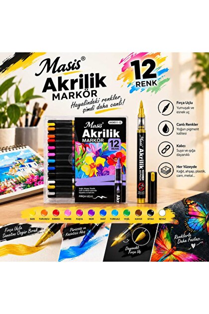Akrilik Markör 12 Renk Her Yüzeye Uygun Fırça Uçlu Akrilik Kalem