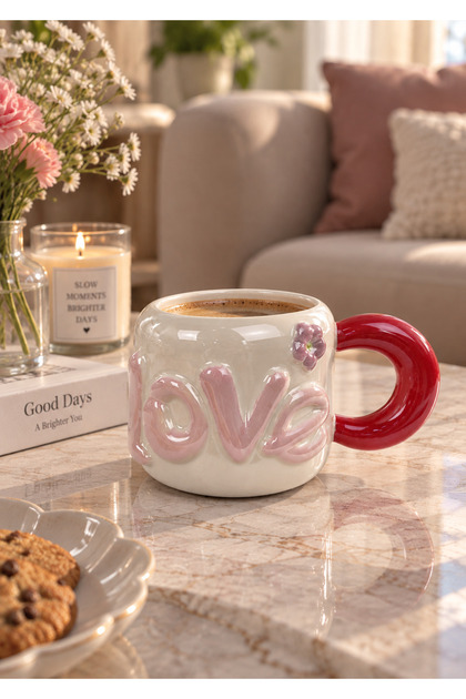 Dear Love Lüsterli Kırmızı Porselen Kupa 480 ML