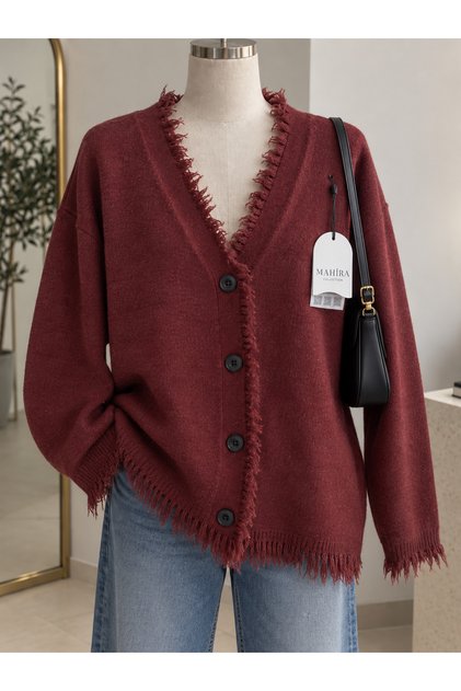 Kadın Püskül Detaylı Oversize Yumoş Basic Triko Hırka