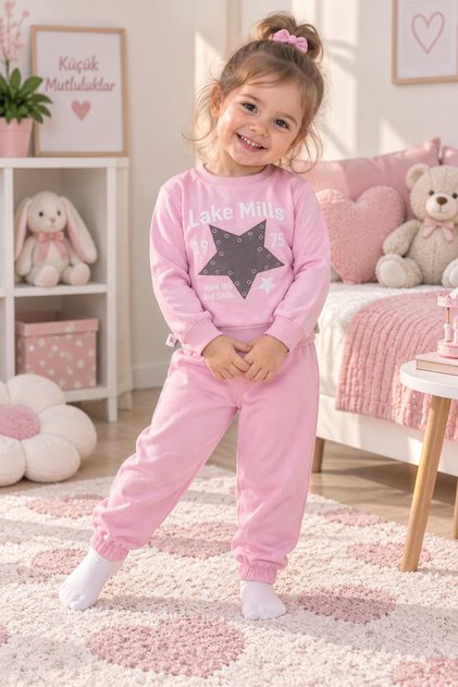 Girls' Tracksuit Set – Pink Star Print Sweatshirt and Jogger Pants, Casual Sportswear Set