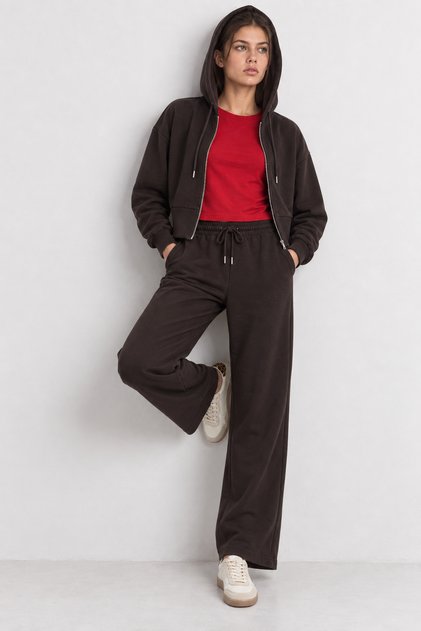 Hooded Knitted Top and Bottom Set Lzv0033 Aci Brown