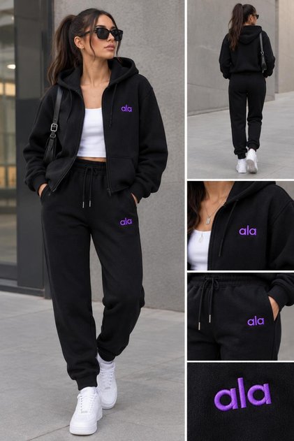 Women's Black Hooded Zippered Tracksuit Set – Casual Comfortable Sports Combination