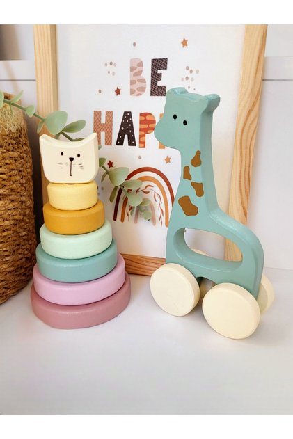 KEDİ KULE +SEVİMLİ ZÜRAFA SET BEBEĞİMİN İLK OYUNCAPI AHŞAP OYUNCAK BEBEK HEDİYELİK BEBEK ODASI DEKOR MONTESSORİ