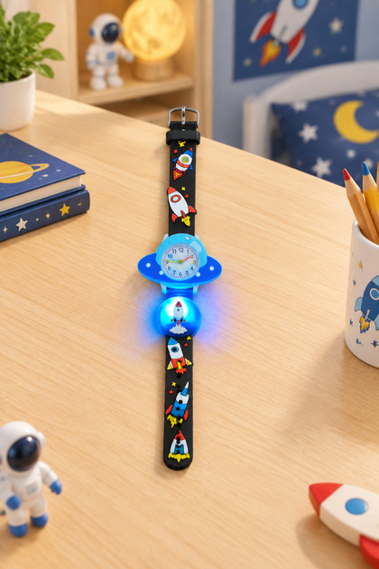 Illuminated Children's Wristwatch with Rocket and Space Theme, Black Color Silicone Strap, Educational Dial (Without Box)