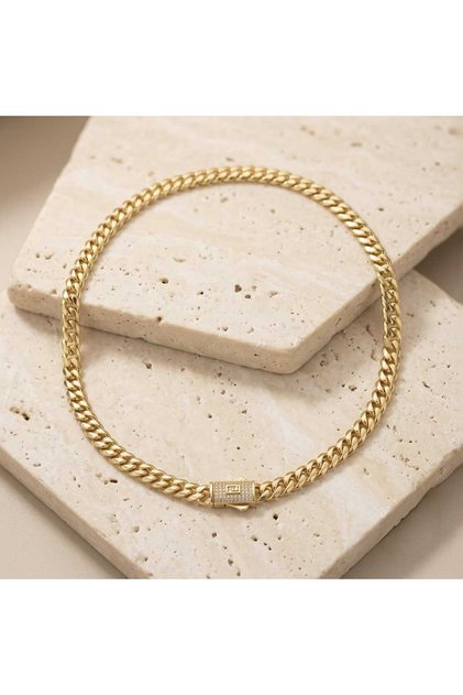 14K Altın Kaplama Taşlı Kilit Detaylı Zincir Gurmet Kolye (50cm)