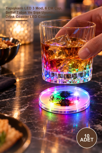 10 Pieces of Lighted Coasters – Adhesive Led with 3 Modes, 6 cm Diameter, Transparent Plate and Bottle Compatible, Drink Coaster Led Coaster