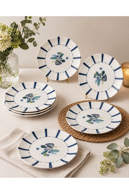 Modern Porcelain Striped Spring Pattern 19 cm Cake Presentation Plate Set for 6 People