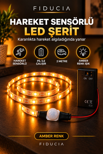 Hareket Sensörlü 2 Metre Amber Şerit LED 9V Pil Dahil Pilli Otomatik Aydınlatma