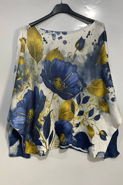 Women's Italian Multi-Colored Patterned Printed Long Sleeve Mercerized Blouse Sweater