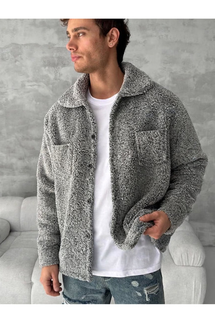 Men's Plush Teddy Jacket Oversized Shirt Collar Buttoned Pocketed Winter Coat