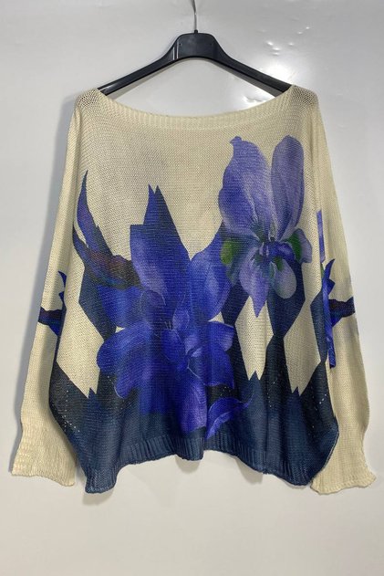 Women's Italian Multi-Colored Patterned Printed Long Sleeve Mercerized Blouse Sweater