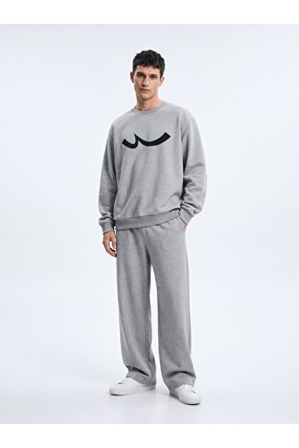 Regular Fit Sign Printed Crew Neck Gray Sweatshirt