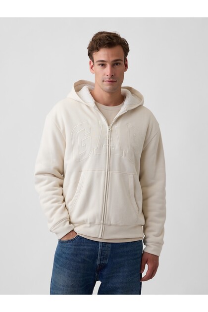 Erkek Krem Relaxed Logo Sherpa Astarlı Fermuarlı Sweatshirt