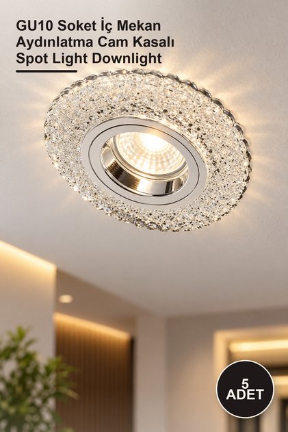 5 Adet CT-6637 LED Spot Gömme Mercan Cam Çerçeveli – GU10 Soket İç Mekan Aydınlatma Cam Kasalı Spot Light Downlight