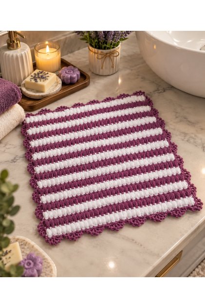 Gül Kurusu Beyaz Çizgili El Örgüsü Banyo Lifi – El Emeği